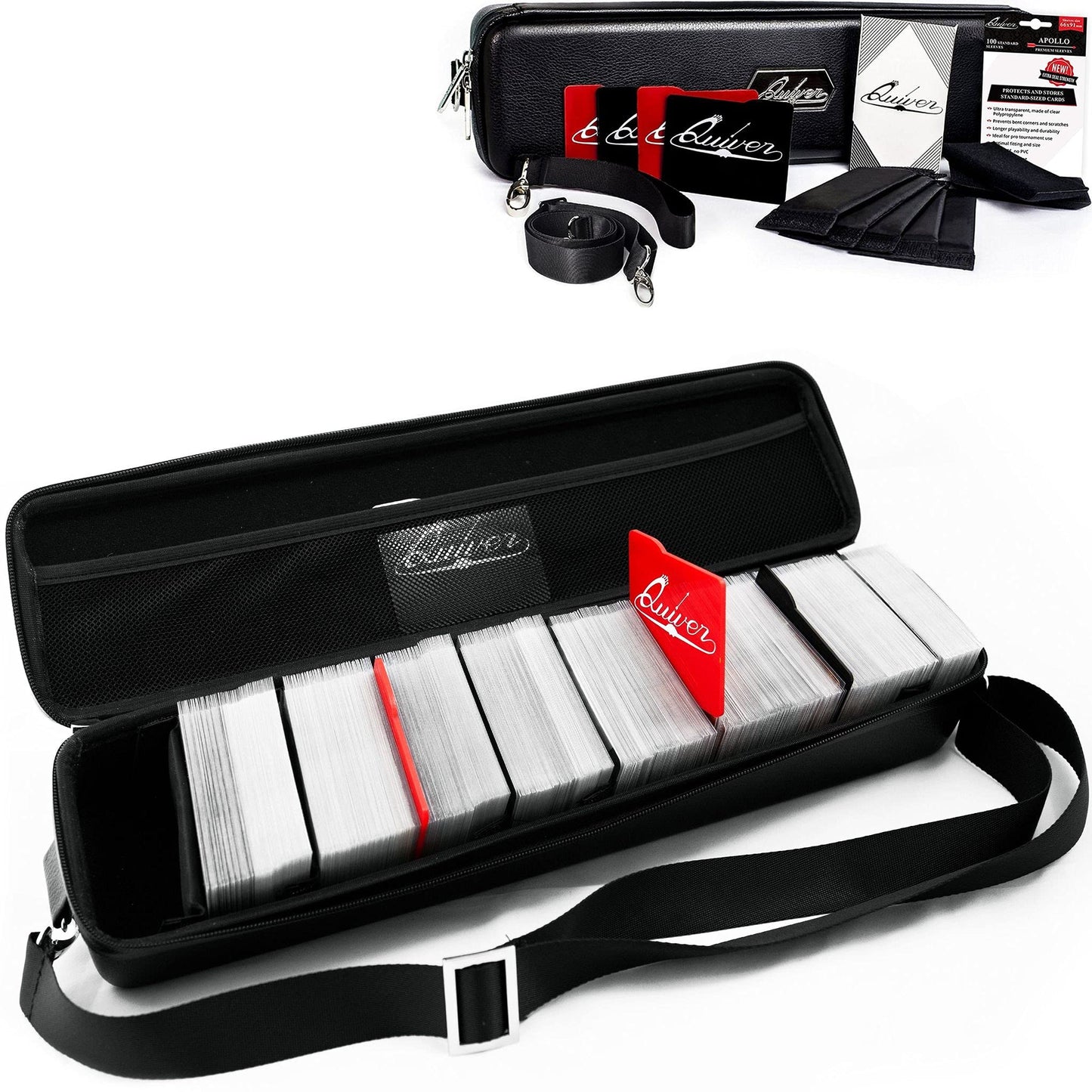 Quiver Time Black Quiver Card Carrying Case - TCG Cards Deck Box Holder for Trading Cards, MTG Bag Playing Card Case (Wrist & Shoulder Strap, Dividers, Separators, Corner Pads + 100 Apollo Sleeves)