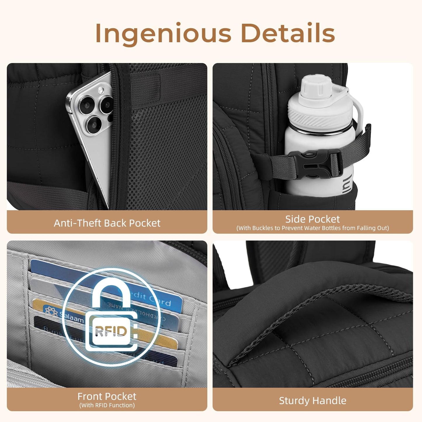 CLUCI 17.3 Inch Laptop Backpack for Women Anti Theft Travel Puffer Quilted Backpack Water Resistant College bag with RFID (Black)