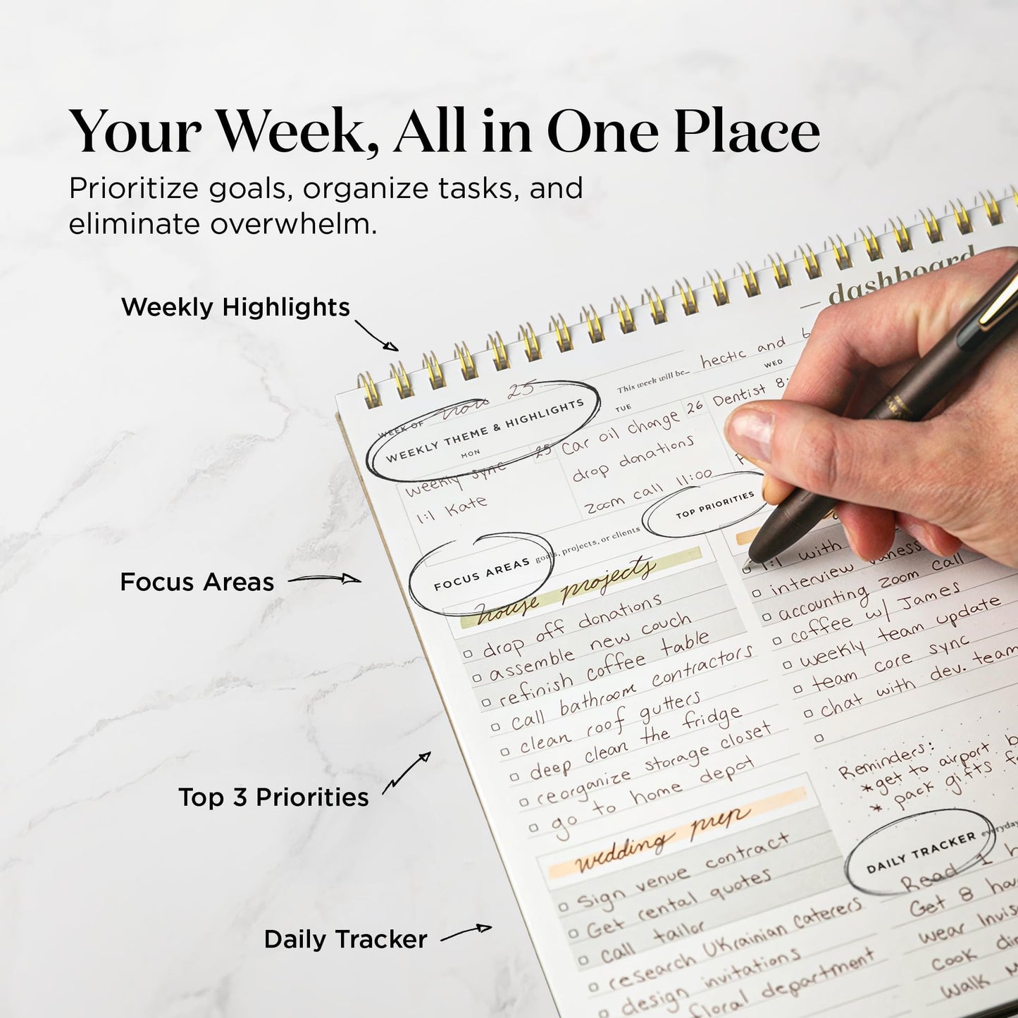 Ink+Volt Dashboard Spiral Deskpad | Undated Weekly Planner Notepad with 52 Undated Sheets, Premium Productivity Planner, Minimalist Weekly to do List for Work & Study | A4 Size, Black