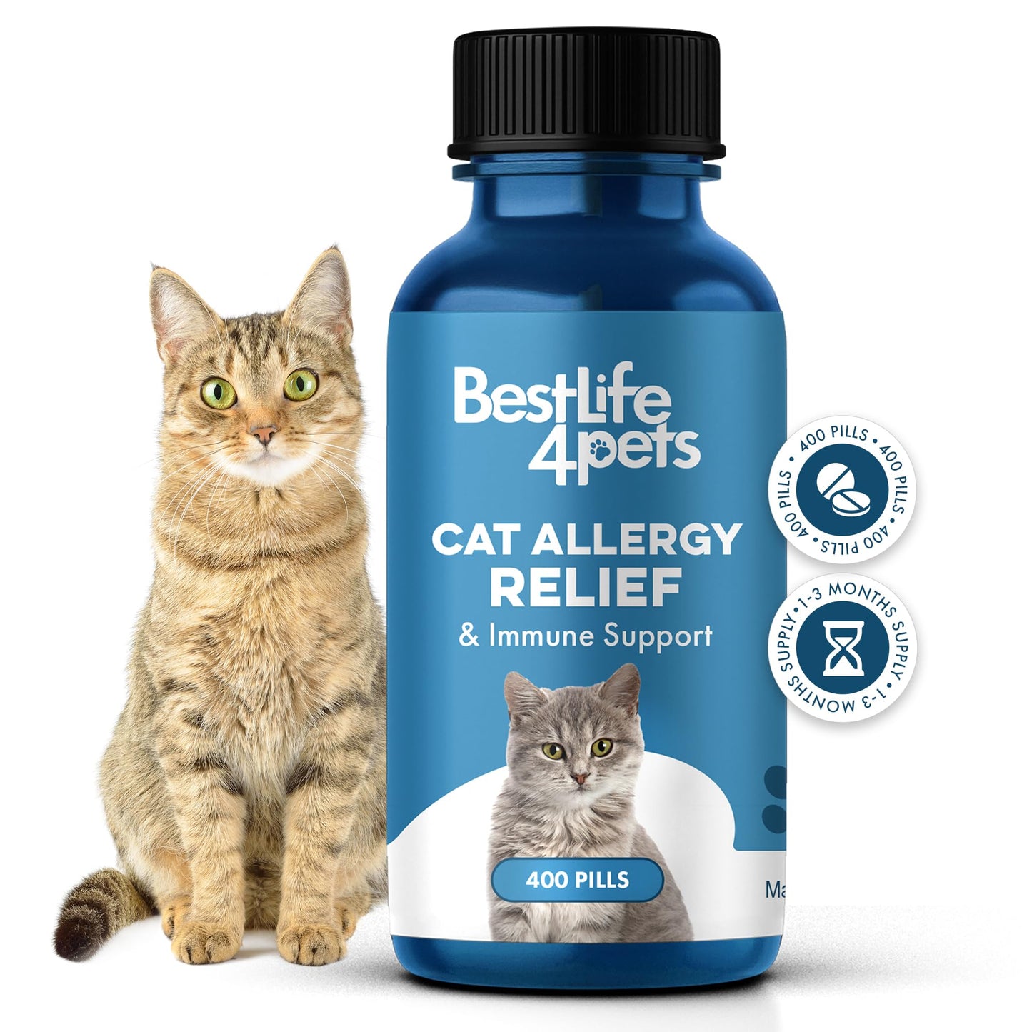Cat Allergy Relief & Immune Support, Natural Relief for Seasonal Allergies, Itching, Sneezing, Congestion, Runny Nose, and Feline Respiratory Infections, 400 Small Odorless Tasteless Pills