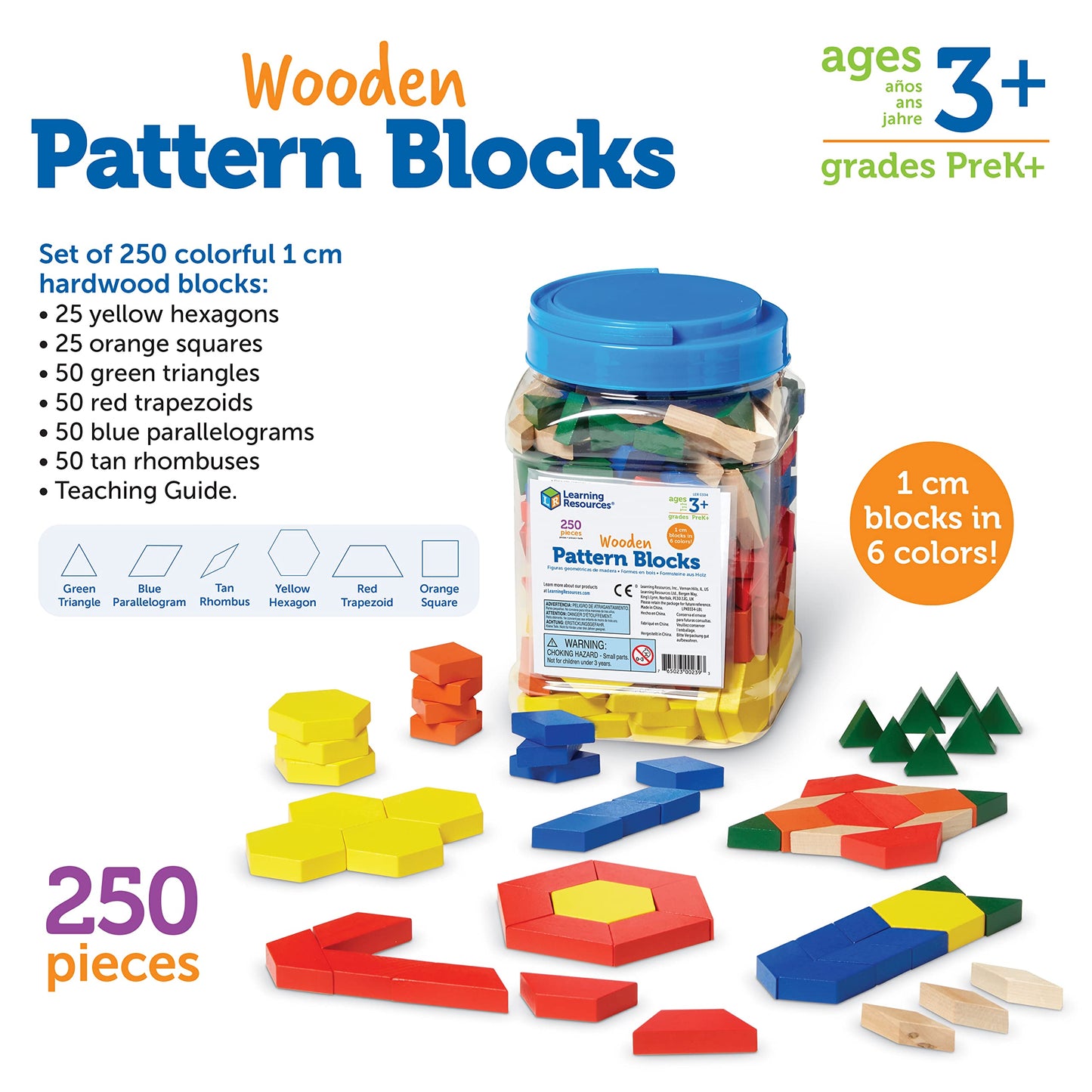 Learning Resources LER0334 Wooden Pattern Blocks, Early Math Concepts, Set of 250, Ages 3+