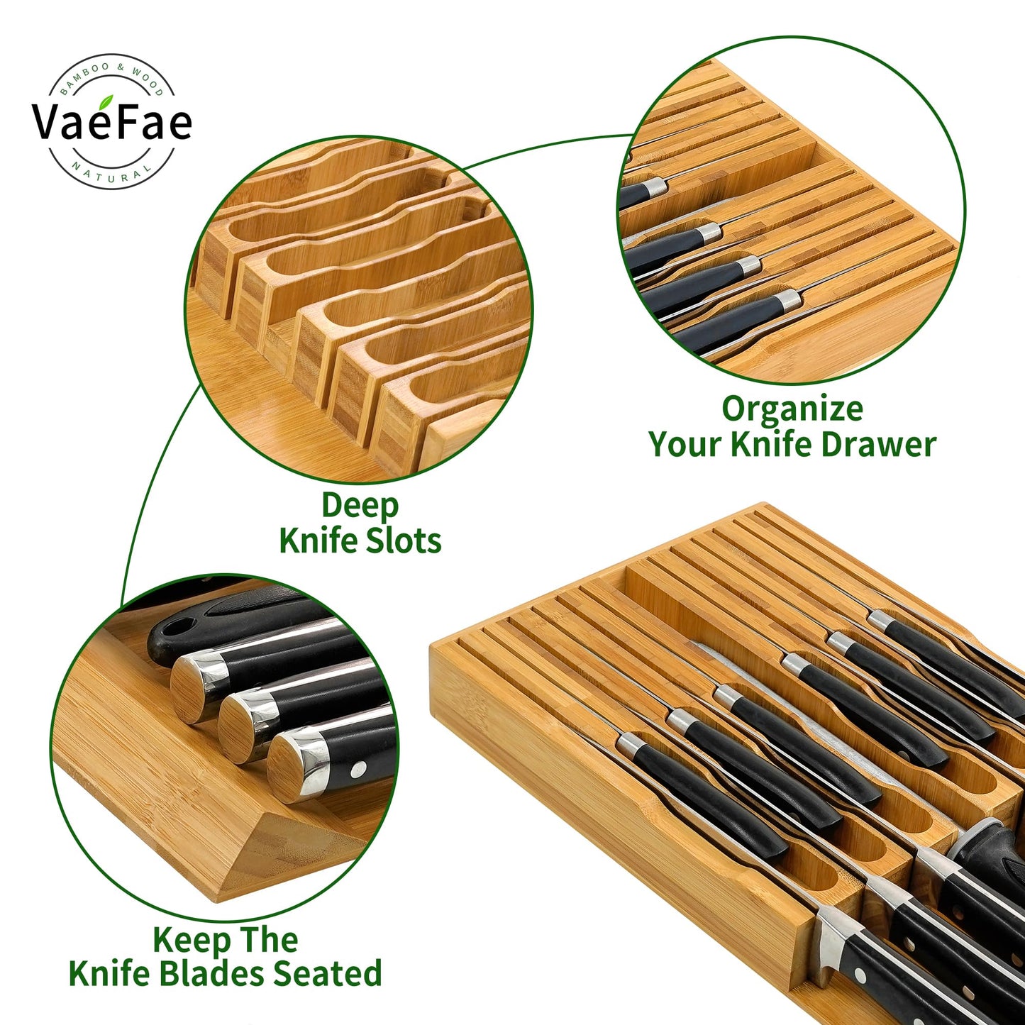 VaeFae Bamboo Knife Drawer Organizer Insert, Kitchen Drawer Knife Block for 12 Knives and a Plus Slot for Your Knife Sharpener (Without Knives)