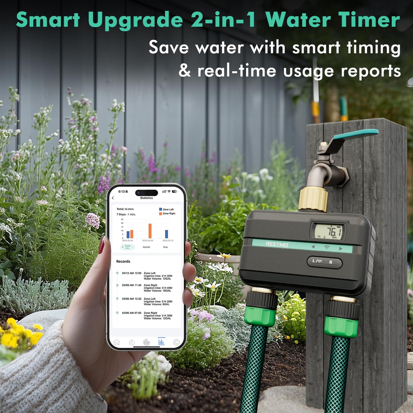 RESTMO Smart Water Timer with Flow Meter, Sprinkler Timer for Garden Hose, Brass Inlet & Outlet, Automatic Lawn & Yard Irrigation Watering System, APP Remote Control (2.4Ghz WiFi Connection)
