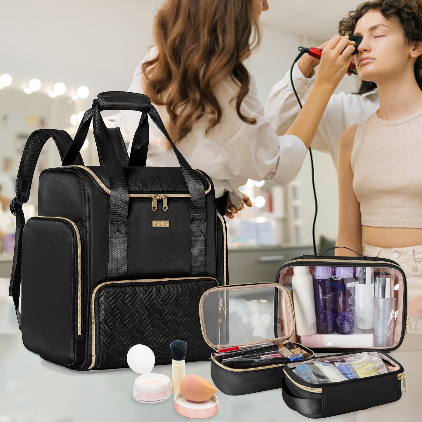 Prokva Large Makeup Backpack with 3 Clear Makeup Bags, Double Layers Professional Makeup Travel Case with Brushes Storage Section for Makeup Artists, Black (Patent Design)