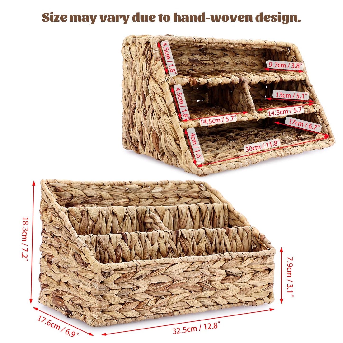 BTSKY Handwoven Water Hyacinth Desk Organizer, 4 compartments Desktop Mail Organizer, Woven Countertop Accessories Organizer for Office Supplies, Stationery Supplies, Makeup