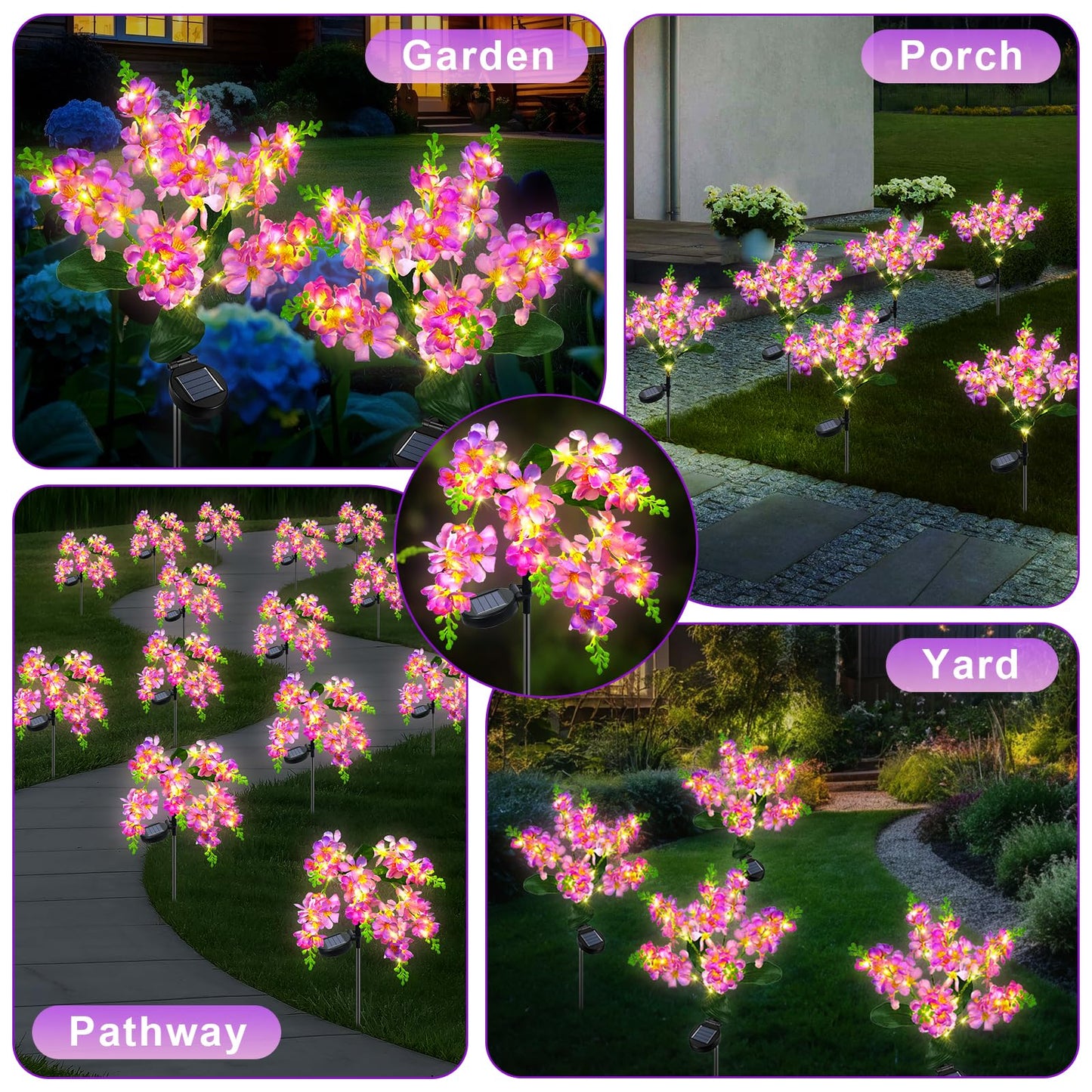 Ninonly Solar Garden Lights, 2 Pack Solar Violet Flowers Lights Outdoor, 600mAh Waterproof Solar Powered Pathway Lights for Patio Yard Landscape Decoration