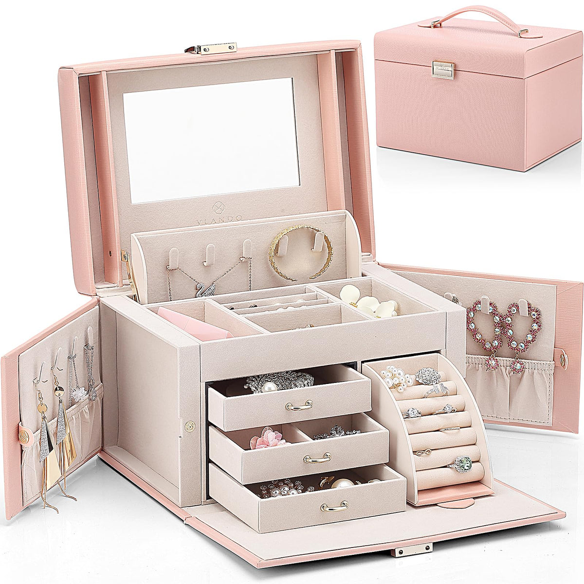 Vlando Jewelry Box Organizer for Girls Women, Large Baroque Jewelry Storage Box with Mirror,Drawers for Bracelets, Earrings, Rings, Necklaces, Mothers Day Difts for Loved One, Pink
