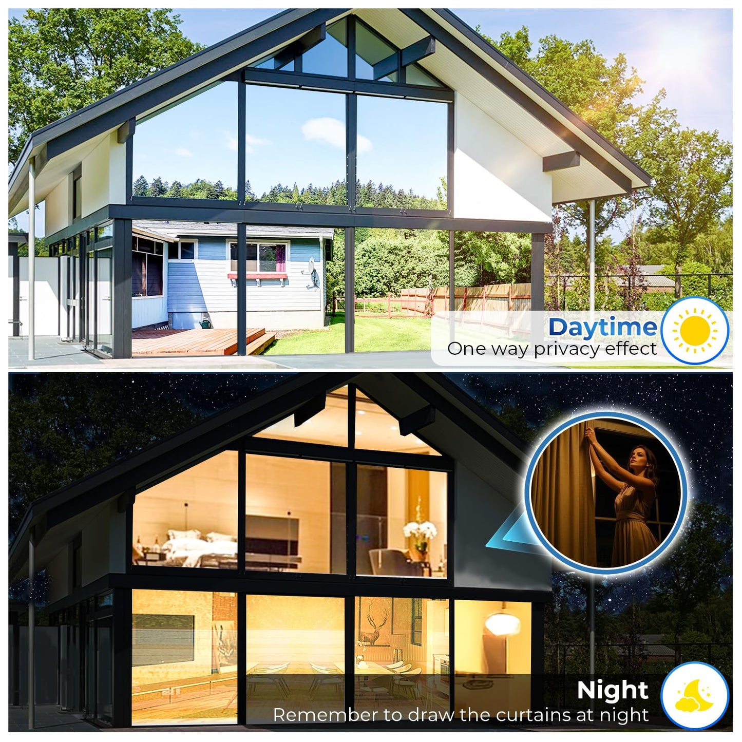 Coavas Window Films for Privacy One Way Window Film, Reflective Mirror Window Film for Sun Blocking, UV Heat Control No Glue Static Cling Window Tint for Home 23.6x157.5in, Silver Black