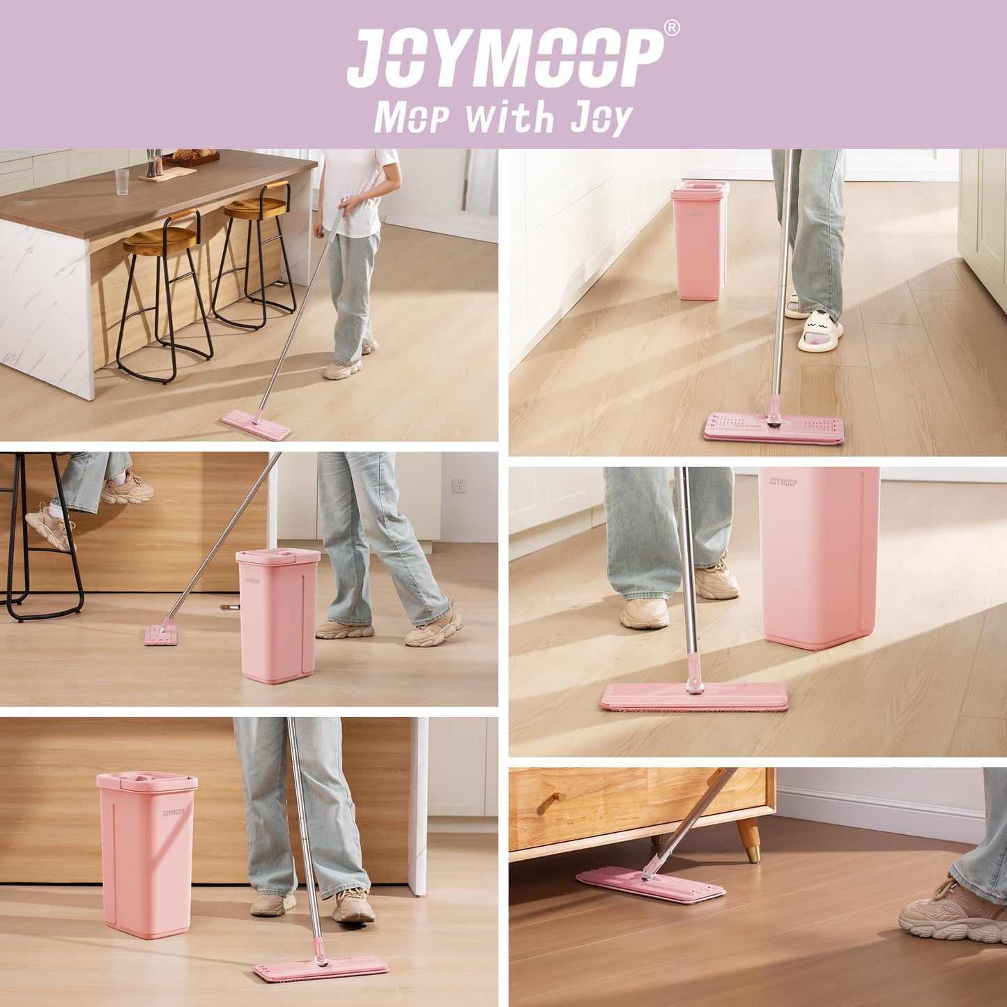 JOYMOOP Mop and Bucket with Wringer Set, Hands Free Flat Floor Mop and Bucket, 60" Mop with 5 Reusable Microfiber Pads, Wet and Dry Use, Floor Cleaning System - Pink