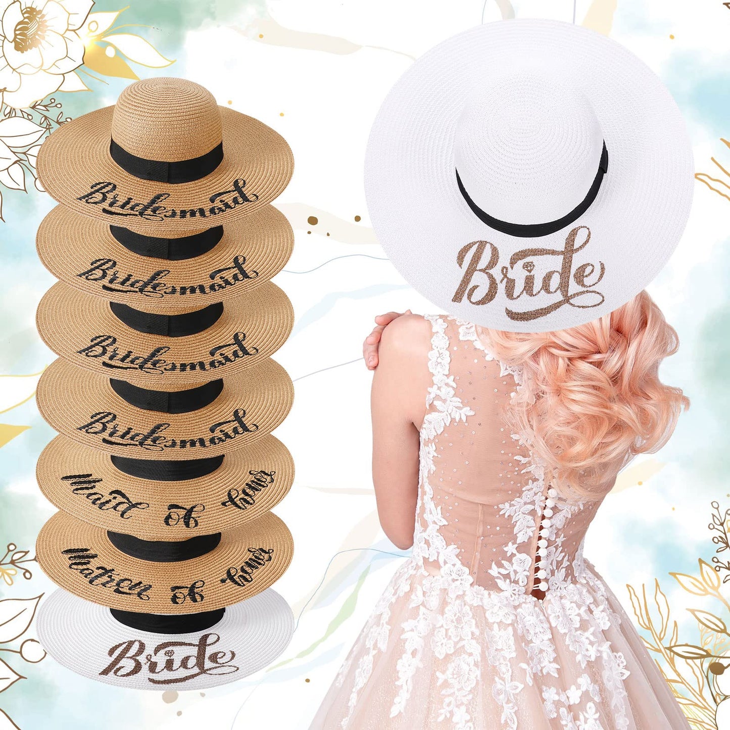 Geyoga 7 Pcs Bride and Bridesmaid Sun Hat Bulk Foldable Floppy Women Hat for Bachelorette Party Gift Honeymoon(Cute Style)