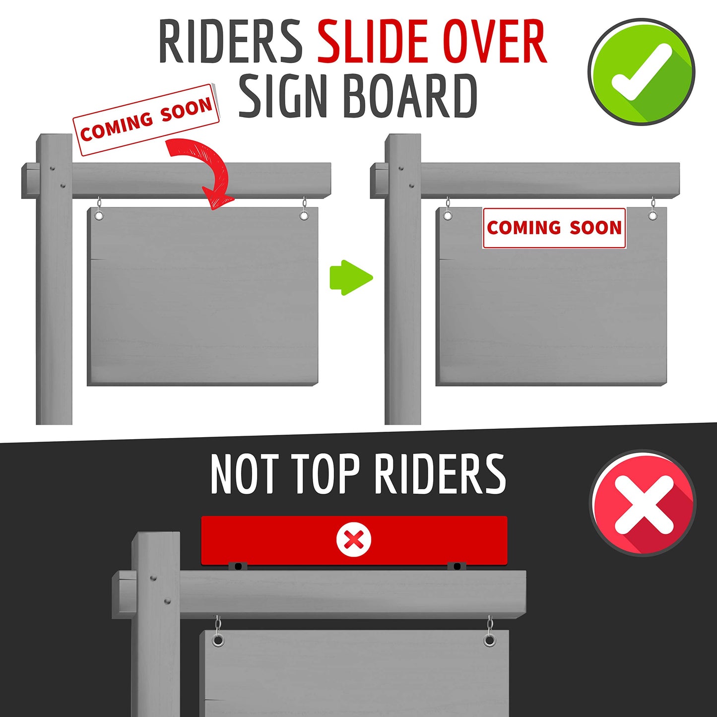 6 Pack Real Estate Sign Riders Sleeves, 17" x 5" Double Sided PVC Plastic Signs - For Sale, Open House, Coming Soon, New Listing, Sales Pending - Real Estate Agent Supplies