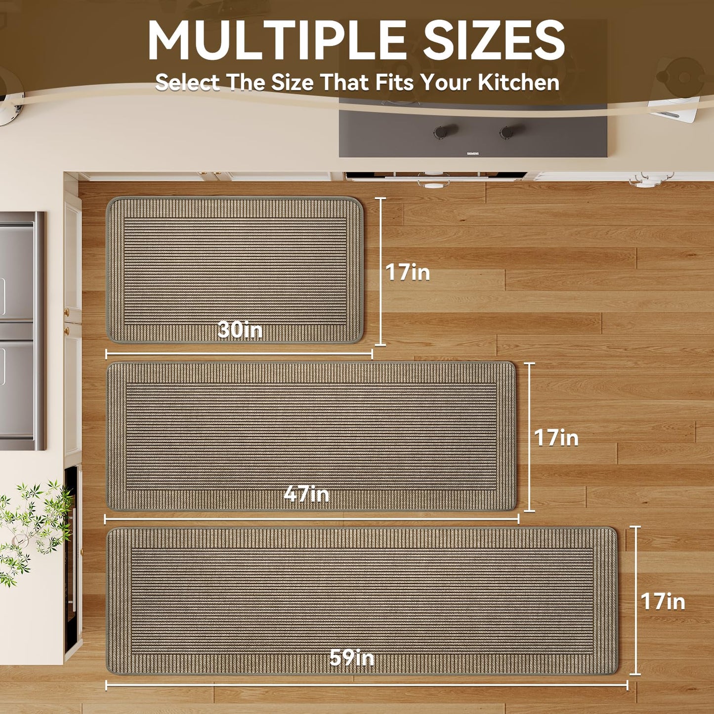 Kitchen Mats for Floor, 17''x30''+17''x59''Kitchen Rugs Set of 2, Washable Non Slip Absorbent Kitchen Mat, Braided Kitchen Runner Rug, Kitchen Sink Rug, Brown