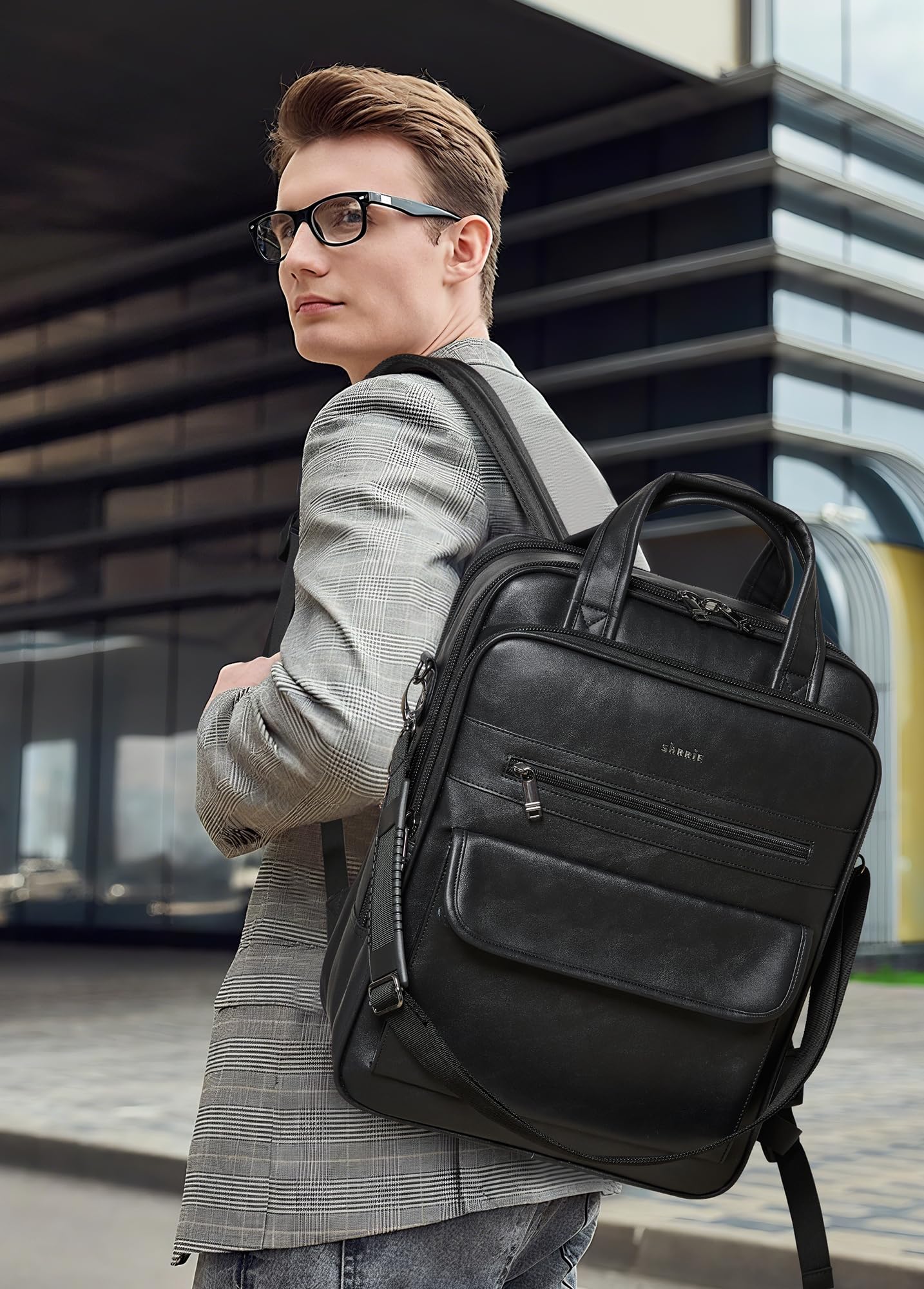 Laptop Backpack for Women and Men, 15.6 Inch Vegan Leather Computer Backpack Professional Water-Resistant Casual Daypack for Work Business College Travel Office,Two-toned Black