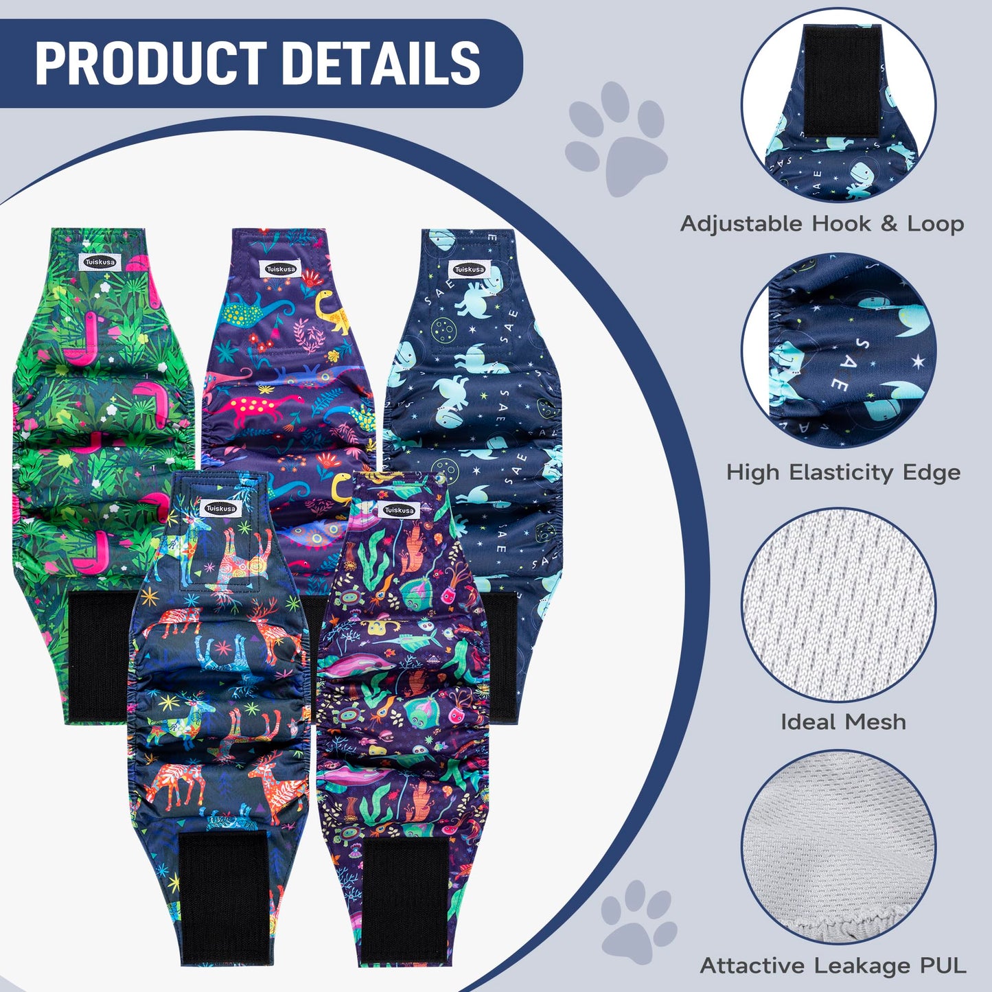 Tuiskusa Male Dog Diapers, High Absorbing Dog Belly Bands for Male Dogs, Washable Reusable Dog Male Wraps(5 Pack)