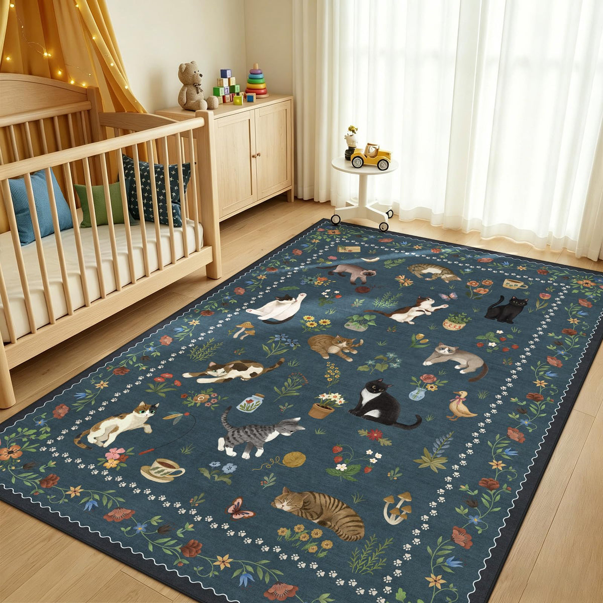 5x7 Area Rugs Living Room Rug - Floral Animal Boho Non-Slip Washable Carpet, Low Pile Non-Shedding Stain Resistance Boho Soft Carpet for Bedroom, Kids Playroom, Dining Room, Farmhouse (5'x7' Blue)