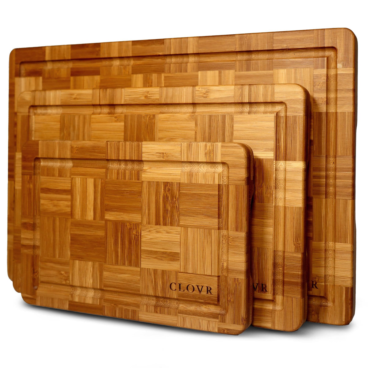 CLOVR End Grain Bamboo Cutting Board Set of 3 – Pre-Oiled Wood Cutting Boards for Kitchen with Handles, Juice Grooves & Non-Slip Pads – Small, Medium & Large Chopping Boards for Meat & Charcuterie