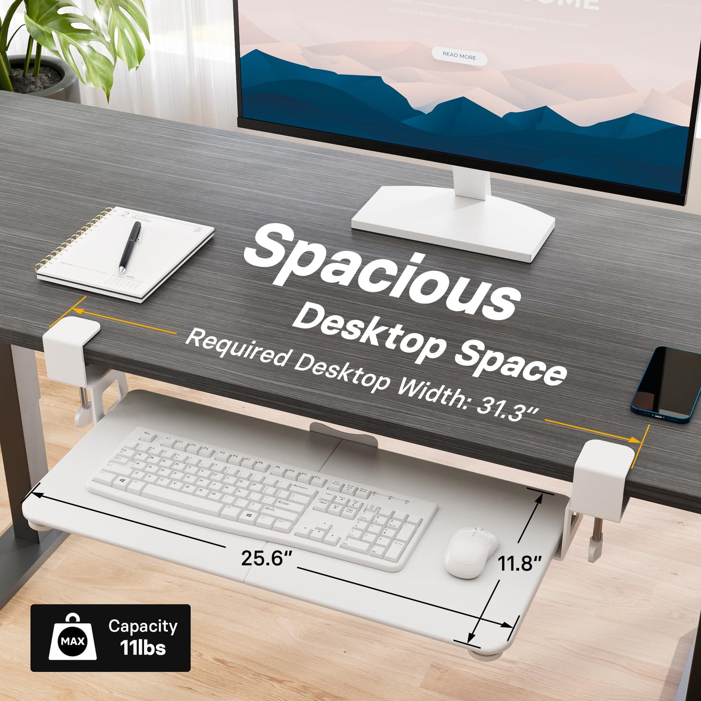 BONTEC Under Desk Keyboard Tray, Pull-Out Keyboard & Mouse Platform with C-Clamp, 25.6 x 11.8 in Space-Saving Ergonomic Slide-Out Drawer, White
