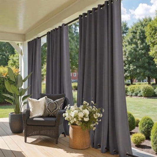NICETOWN Grey Blackout Outdoor Curtains for Patio, Grommet Top and Bottom Rustproof Heavy Weight Windproof Drapes, Keep Privacy for Porch, 2 Panels, W52 x L84