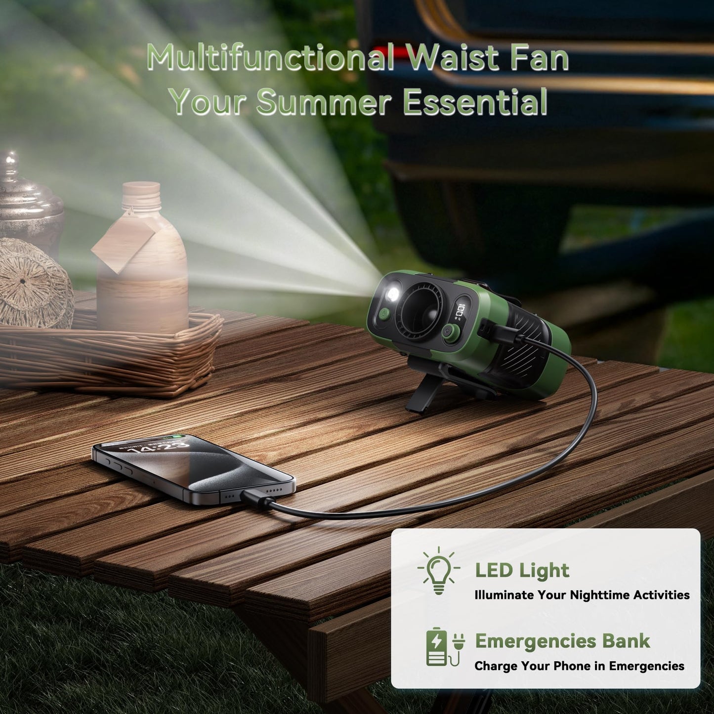 Portable Waist Fan Clip on with Light, 12M/S Quiet & Powerful Silencer Motor, 100 Speeds Wearable Belt Personal Shirt Fan, Digital Display, Upto 24H Cooling Time, Ideal Gift for Outdoor Workers(Green）