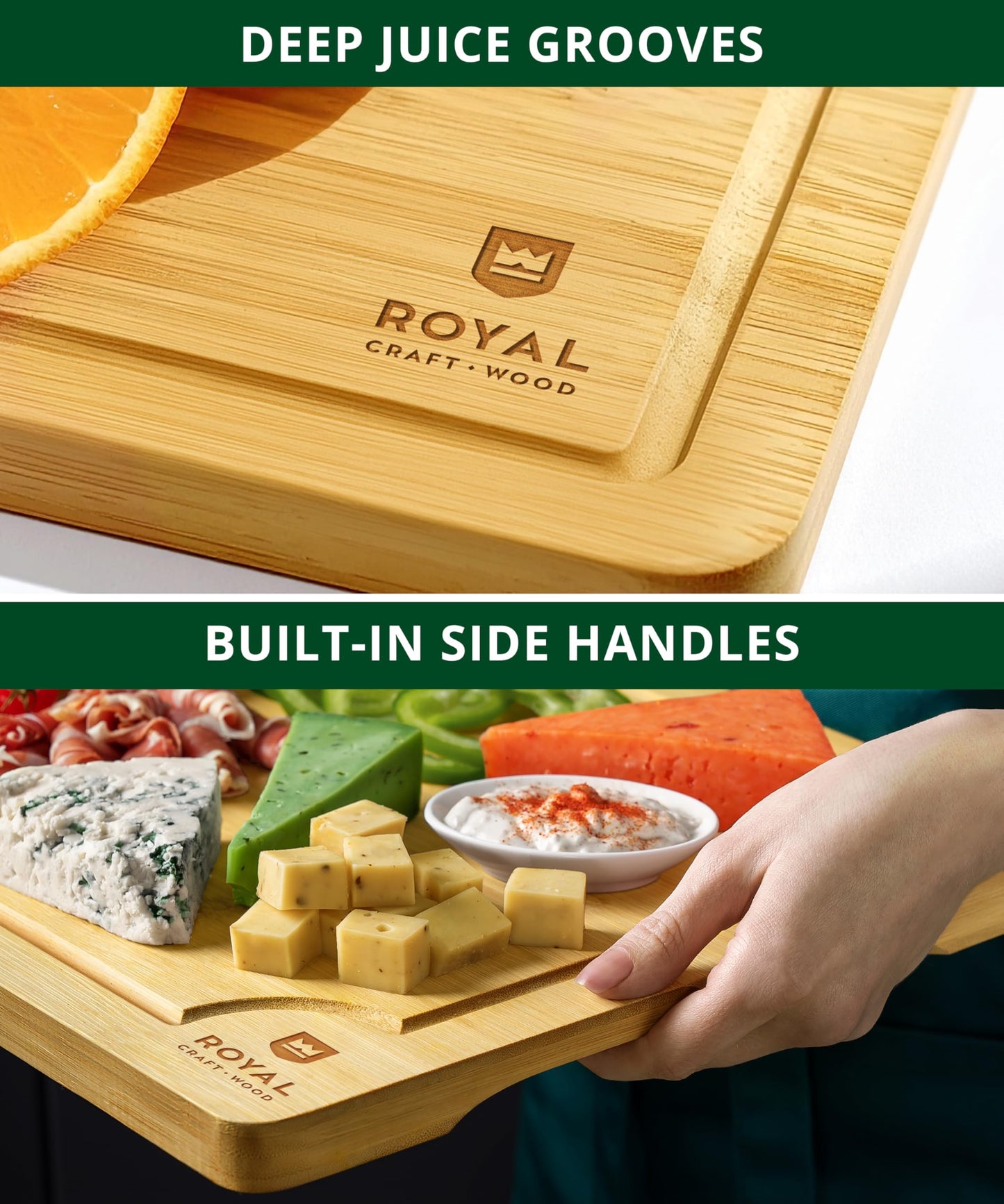 Large Wood Cutting Board Set for Kitchen - Luxury Bamboo Cutting Boards for Bread, Cheese, Fruits, Vegetables - Sturdy Chopping Boards & Butcher Block - Perfect Serving Tray and Charcuterie Boards