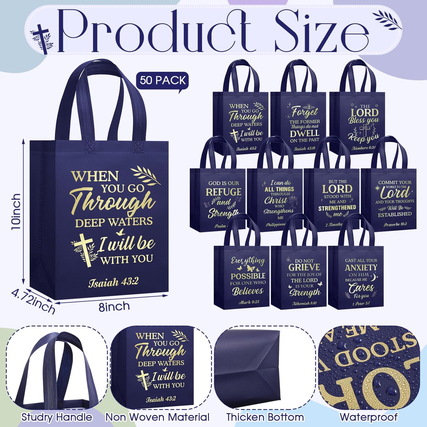 Talltalk 50 Pcs Christian Gift Bag Bulk Reusable Bible Verse Tote Religious Welcome Visitors Church Bags with Scriptures Clergy Pastor Gift for Sunday School Party Favors Christmas(Dark Blue,Medium)