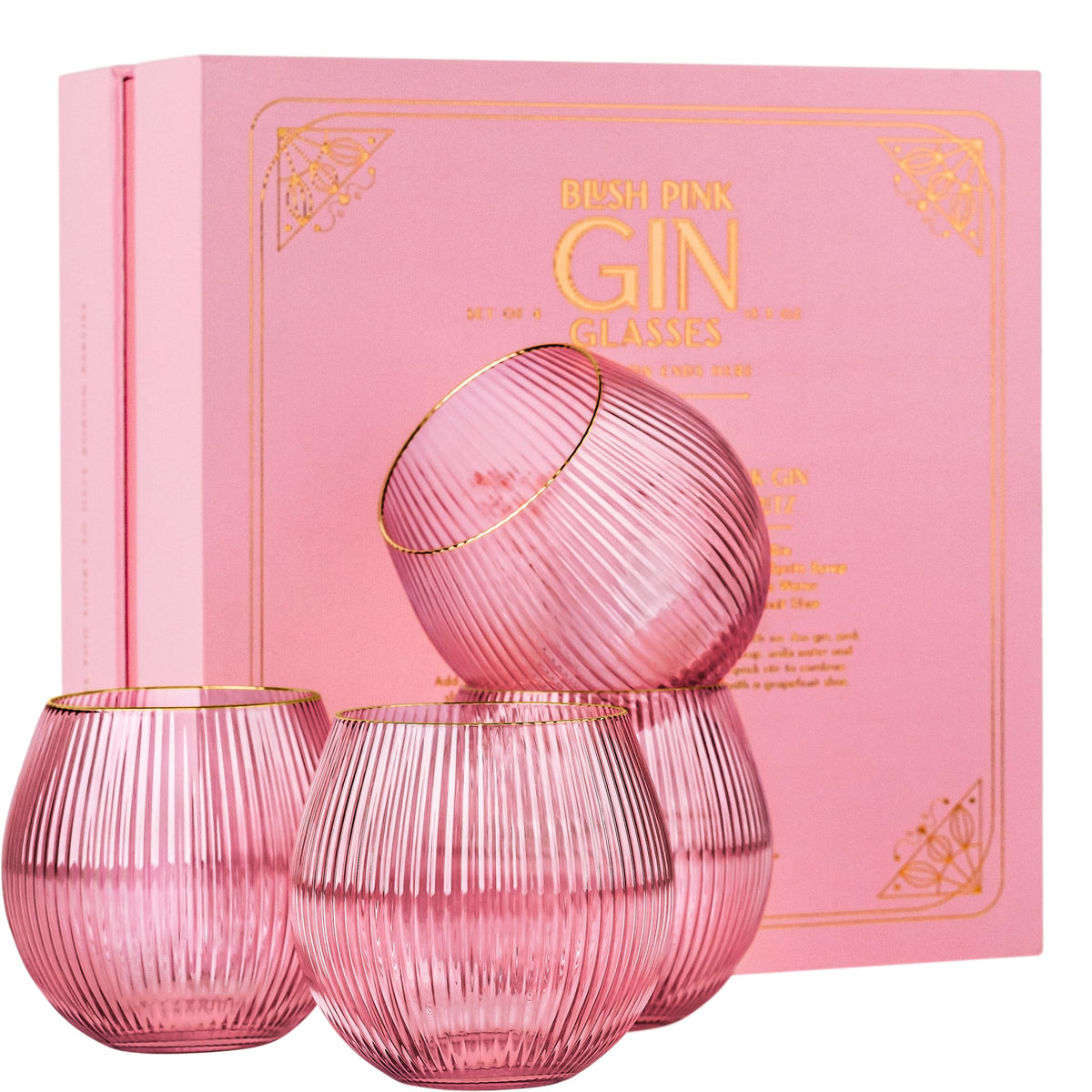 Vintage Blush Pink Art Deco Gin and Tonic Glasses With Gold Rims | Set of 4 | 13.5 oz Stemless Crystal Balloons for Cocktails | Retro Gift Goblets for Gin Lovers