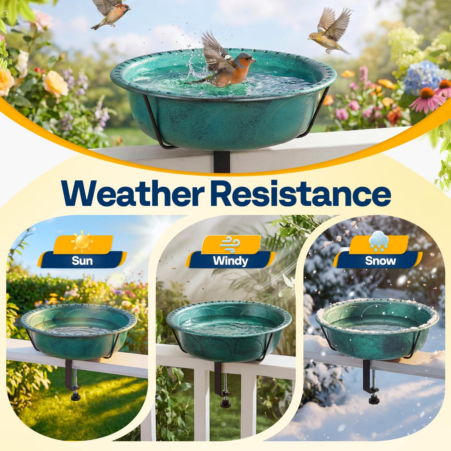 VIVOHOME Deck Mounted Bird Bath for Outside, Weather-Resistant ABS Bird Bath and Feeder with Adjustable Metal Clamp for Railing, Fence, Balcony, 1.45 Gallons, Green