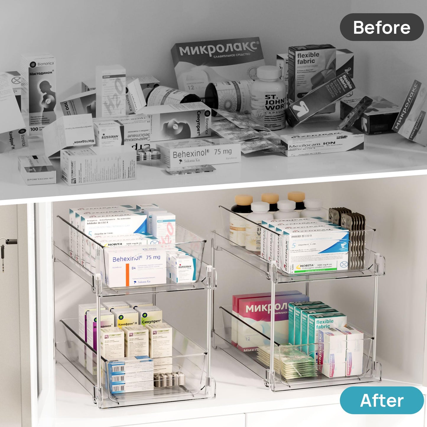 2 Tier Bathroom Storage Organizer, Vtopmart 2 Pack Clear Under Sink Organizers Vanity Counter Storage Container, Medicine Cabinet Drawers Bins, Pull-Out Organization with Track for Pantry, Kitchen