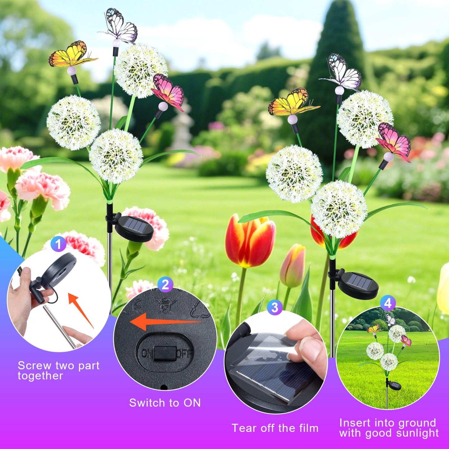 Ninonly Solar Lights Outdoor Garden, 2 Pack Dandelion with Butterfly Lights, Waterproof Solar Powered Garden Pathway Light Outdoor, Bright LED Ornaments for Yard Lawn Patio Decoration
