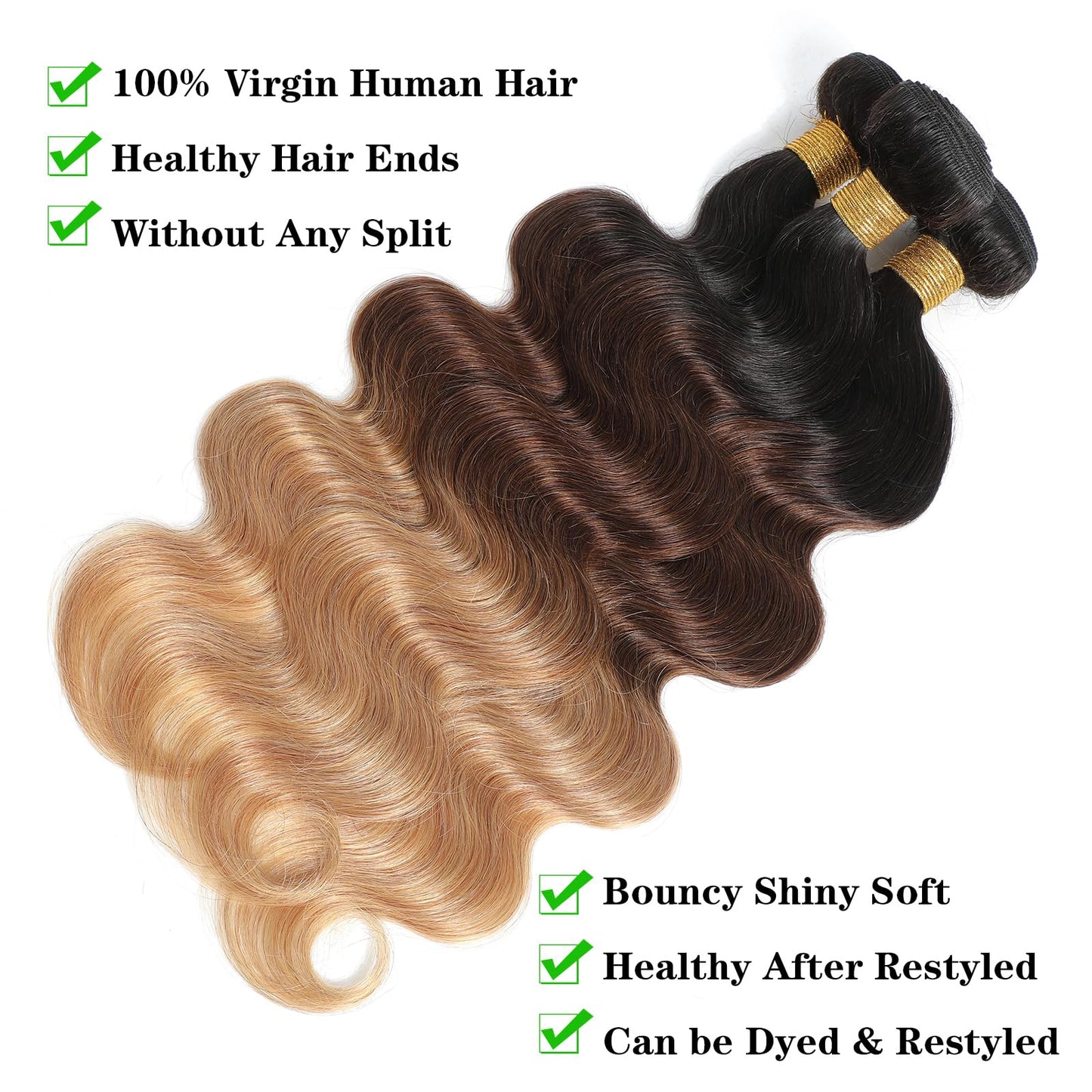 Kapelli Hair 10A Ombre Human Hair Bundles Ombre Brazilian Hair Body Wave (T1B/4/27,14" 16" 18") Ombre Brazilian Human Hair 100% Unprocessed Virgin Remy Hair Bundles 3 Tone Black to Blonde Human Hair Weave