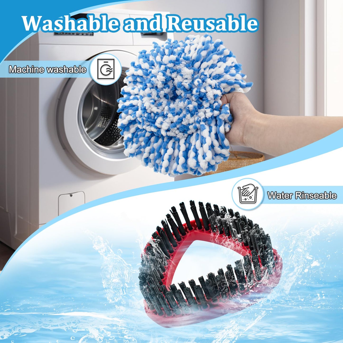 Spin Mop Handle, Mop Heads Replacements, Scrubber Head and Base Compatible with Vileda RinseClean Spin Mops & Bucket 2-Tank System, Mopping Stick and Head Replacement for Wet Dry Use Floor Cleaning