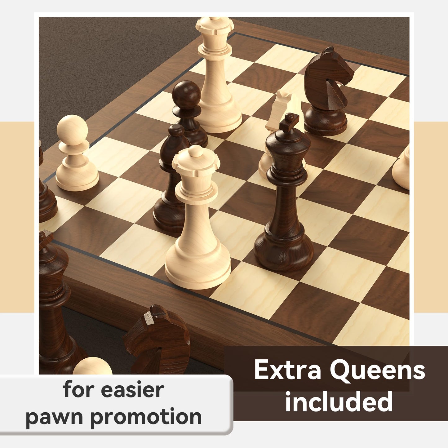 doowroodni Wooden Chess Pieces Large 3.75inch King Set of Luxury Staunton Wood Chessmen with 2 Extra Queen for Chess Board Game (Chess Pieces Only), Velvet Storage Bags Included