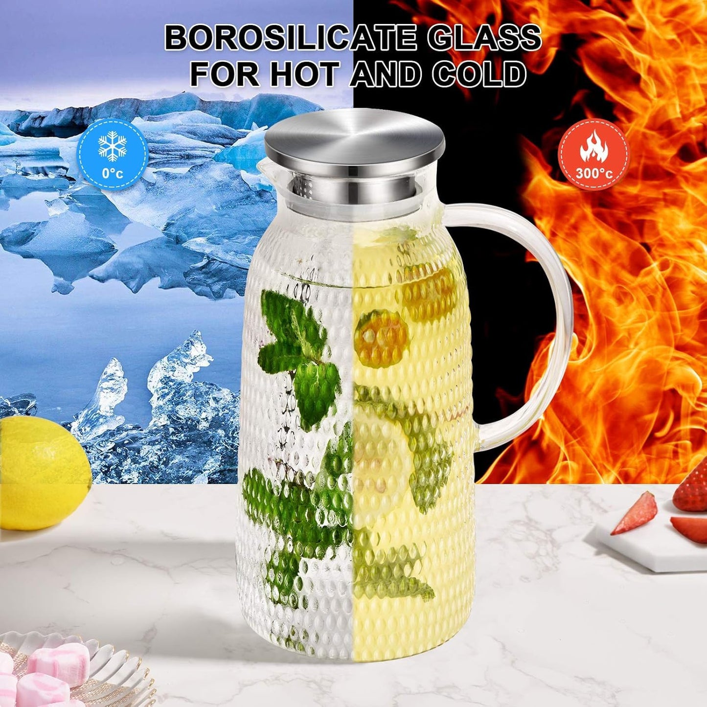 Pitcher, 2.4 L Water Pitcher, Juice Jug Ice Tea Pitcher, Glass Pitchers with Stainless Steel Lid, Heat Resistant Glass, Jug for Homemade Cold/Hot Tea Juice Milk Coffee, Easy Clean