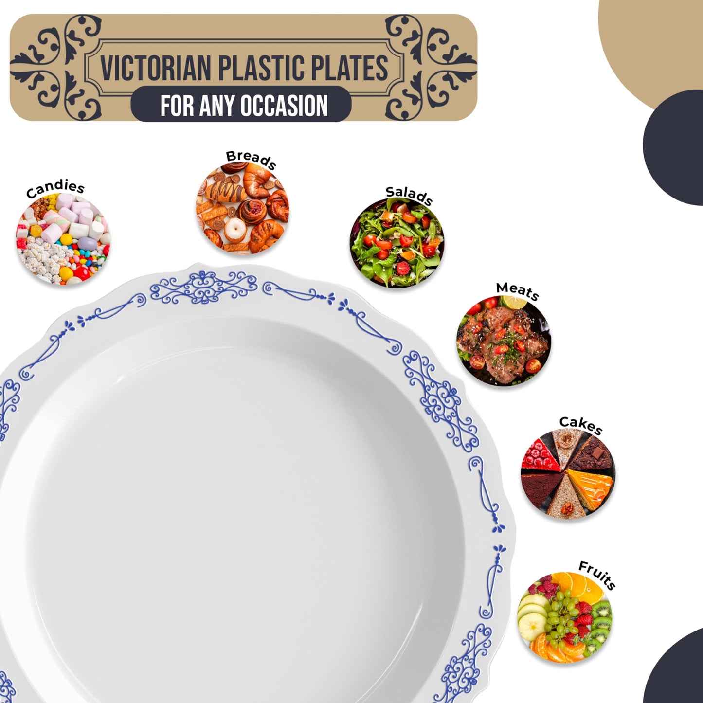 Exquisite Victorian 60-Piece Disposable Party Plates - 60 x 10 inch Dessert Plates, Heavy Duty White & Navy