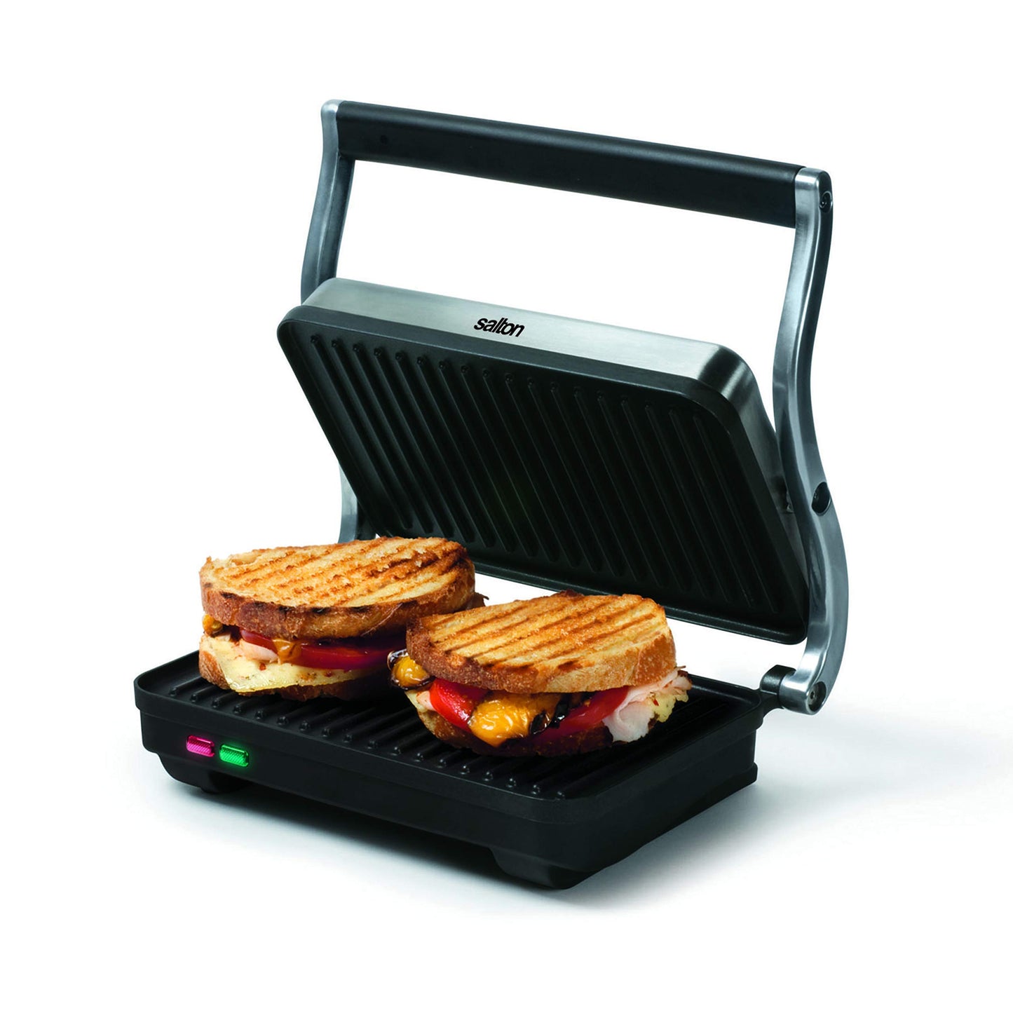 Salton Stainless Steel Electric Grill & Panini Press with Floating Hinged Lid for any Sandwich Thickness, Indicator Lights & Non-Stick Grill, 7" X 10", 1000W