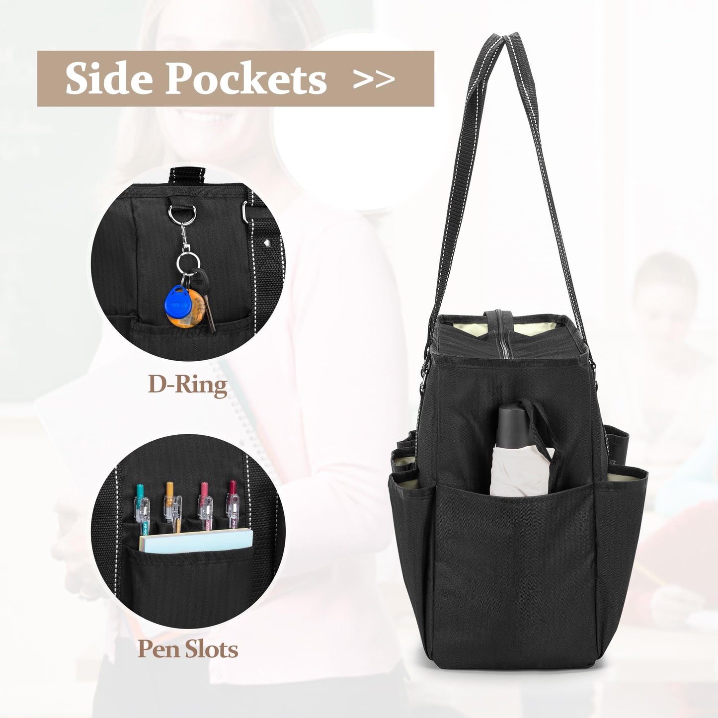 Damero Teacher Tote Bag with Padded Laptop Sleeve, Teacher Work Bag Utility Bag for School, Black