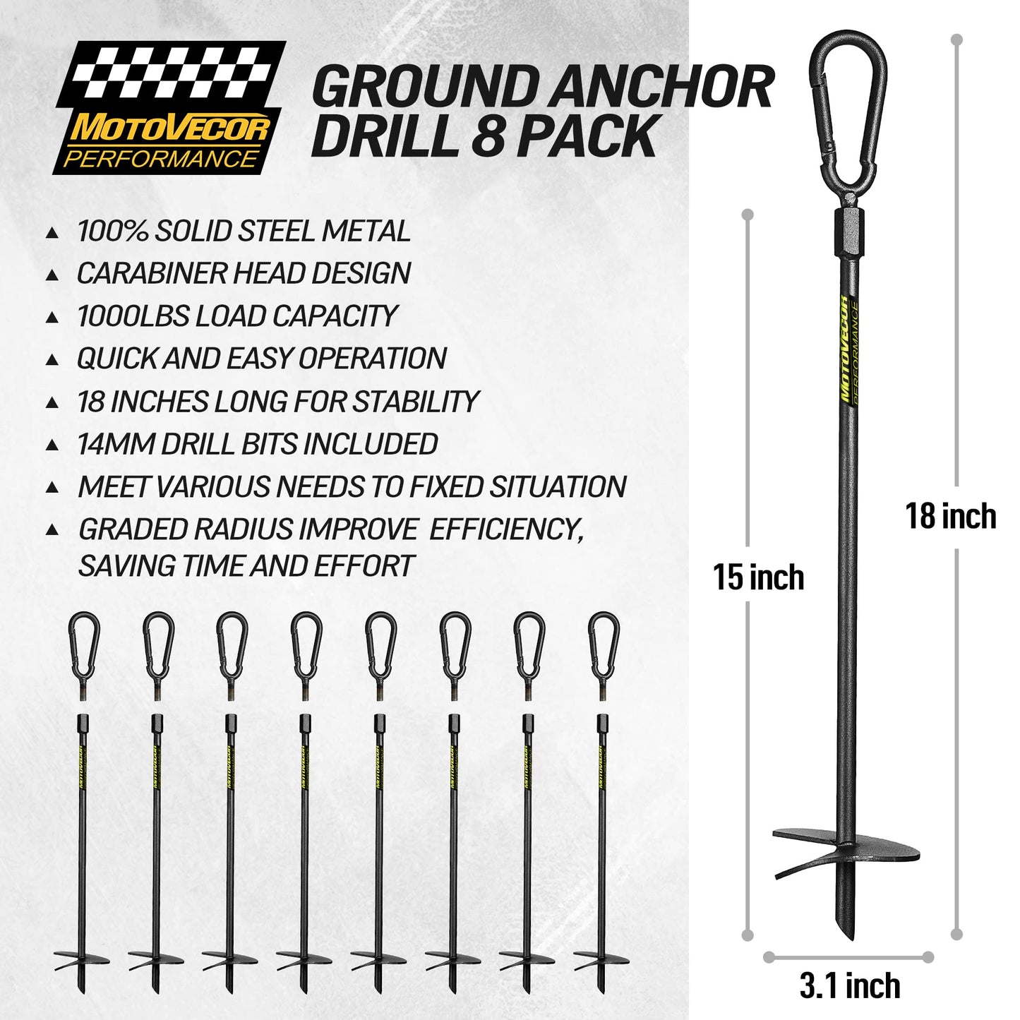 18” Heavy Duty Ground Anchors Screw in(1000lbs), Swing Set Earth Anchors Made with Tungsten Steel, Detachable Carabiner Design, High Wind Trampoline Stakes for Trees, Camping Tents, Canopies, Sheds