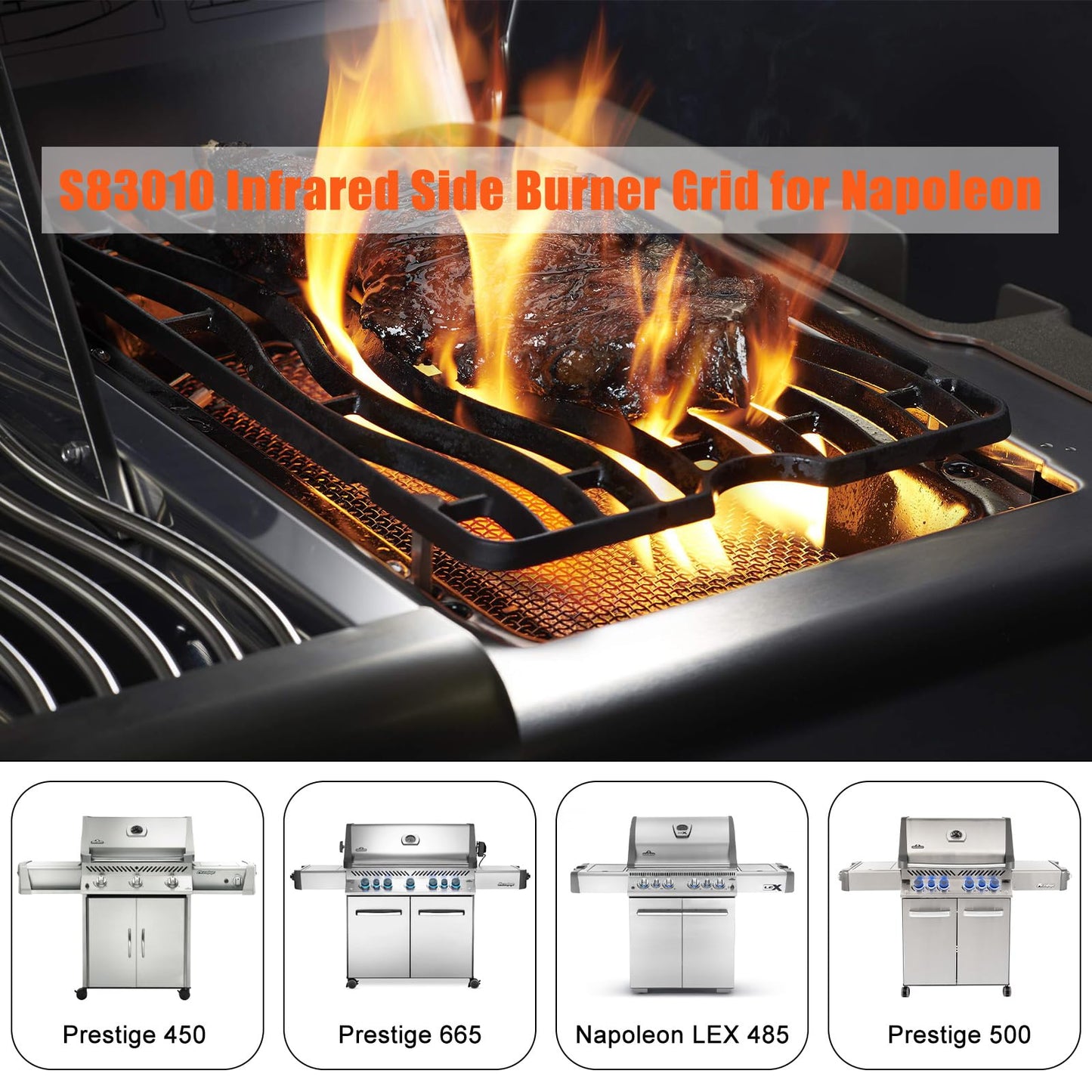 Criditpid Barbecue Replacement Parts for Napoleon LEX 485, S83010 Cast Iron Infrared Side Burner Grid for Prestige 450, 500, 665 Grills