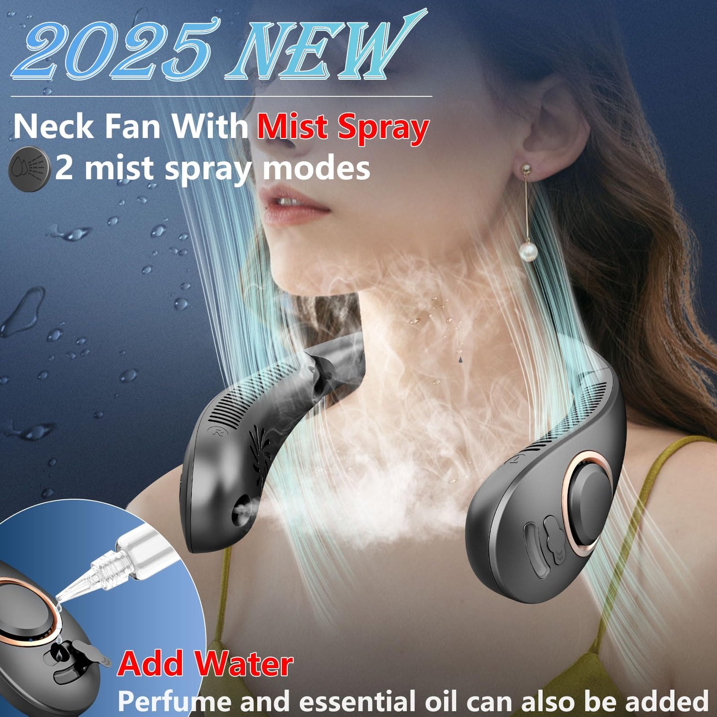 Portable Neck Fan with Mist,Personal Air Cooling Neck Fans that Cool Like Air Conditioners, Foldable Misting Fan Battery Powered,Quiet Cold Neck Cooler Fans Wearable Hands Free for Travel Black