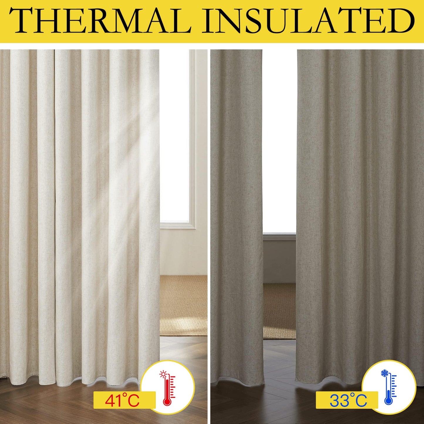 NICETOWN 100% Blackout Natural Linen Curtains 95 Inches Length, Back Tab & Rod Pocket Window Draperies 2 Panels with Thermal Insulated Liners for Living Room/Bedroom, 52 Inches Width