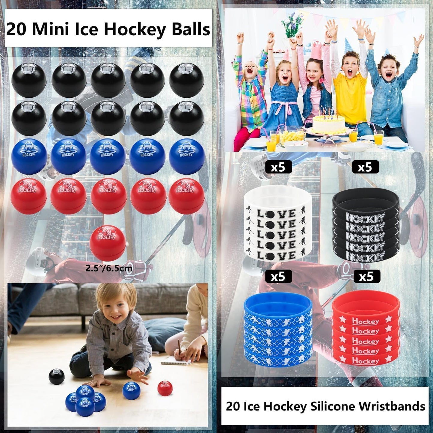 Hockey Party Favors 130Pcs Hockey Party Supplies Foam Hockey Balls, Silicone Wristbands, Hockey Theme Stickers, Hockey Gift Bags, Hockey Keychains, Gifts for Kids Students Boy Birthday Hockey Party