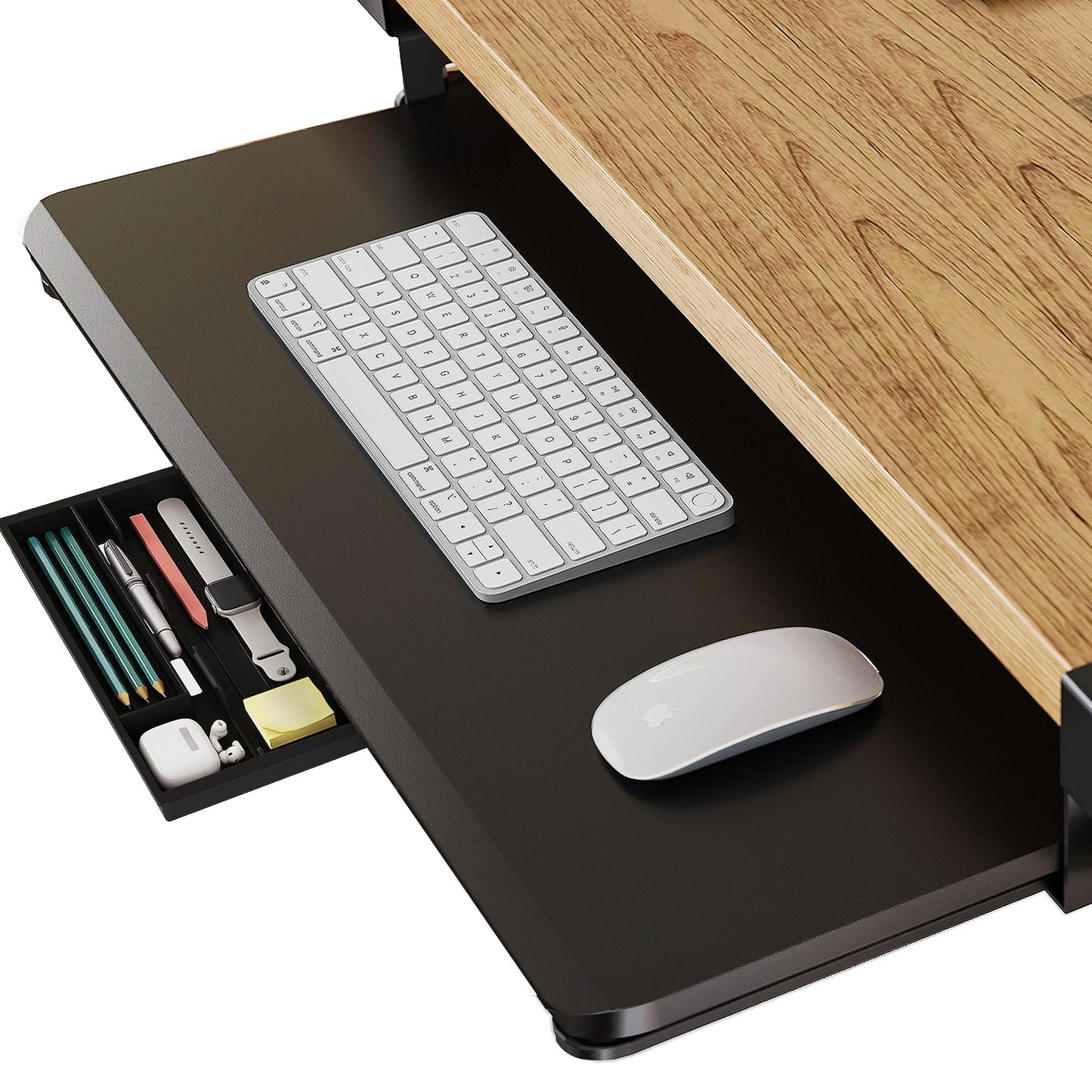 FENGE Under Desk Keyboard Tray Pull Out Keyboard Drawer Sturdy C Clamp Mount, 25.6 x 11.8 inch Ergonomic Design with Pencil Case and Phone Holder, Black