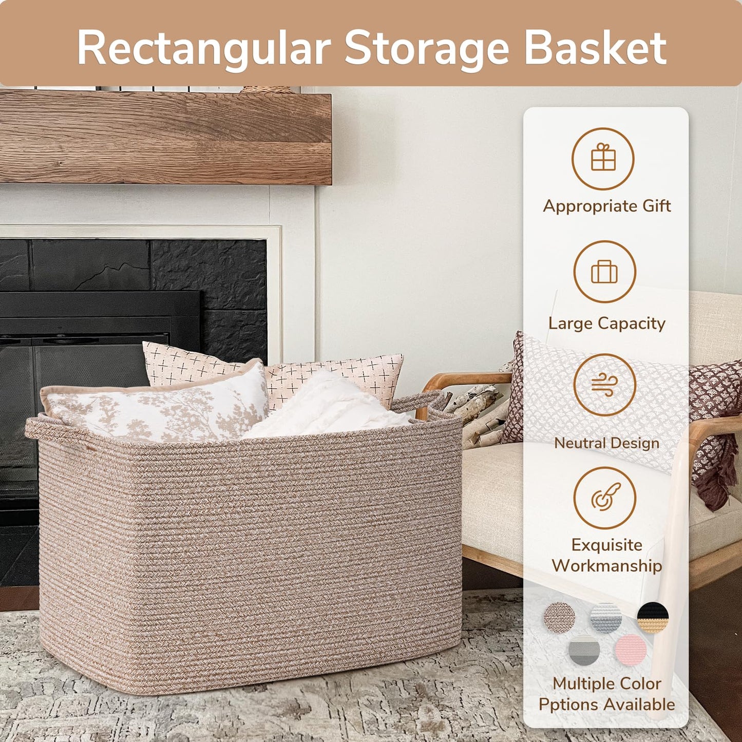 Goodpick 105L Large Woven Storage Basket, Rectangle Cotton Rope Basket for Blankets, Clothes, Storage Organizer for Living Room, 25"x16"x16", Brown