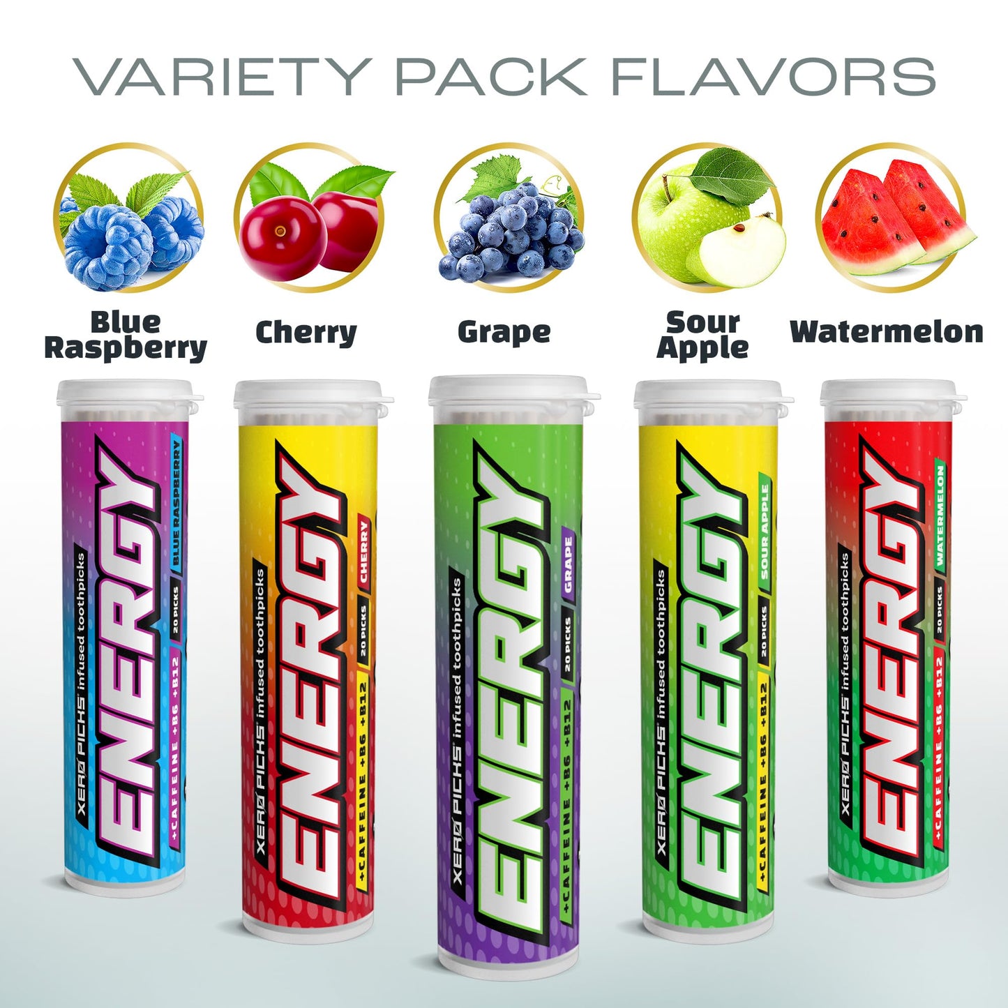 Xero Picks Energy Infused Flavored Toothpicks with Caffeine, B12 & B6-100 Picks (5 Pack Variety)