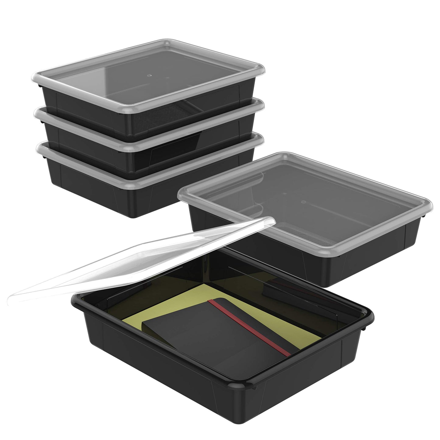 Storex Flat Storage Tray with Lid, Letter Size, 10 X 13 X 3 Inches, Black, 5-Pack (62535U05C)