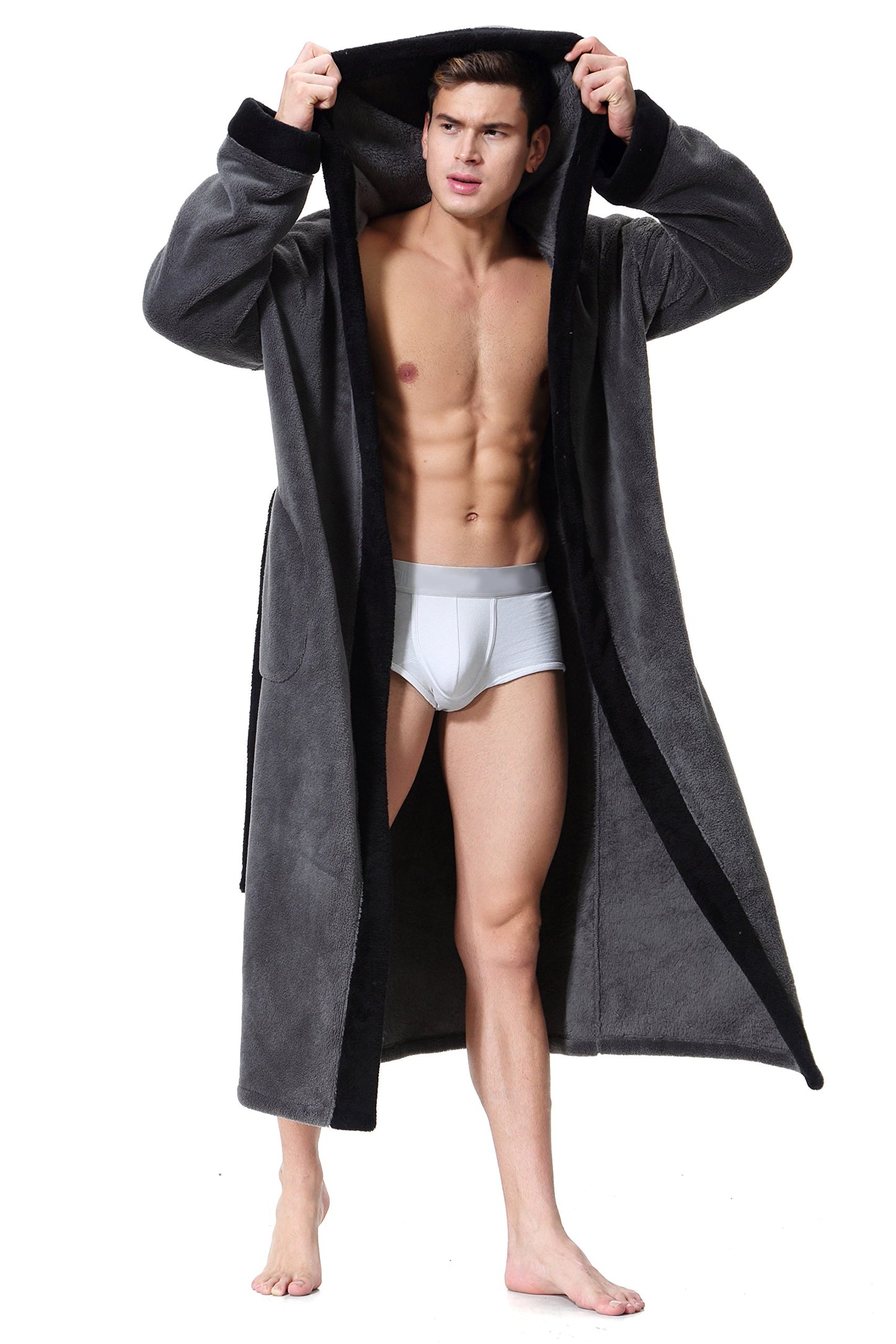 OUFANG Men's Hooded Bathrobe in 2 Colored Soft Spa Kimono Shawl Collar Hooded Long Robe Unisex