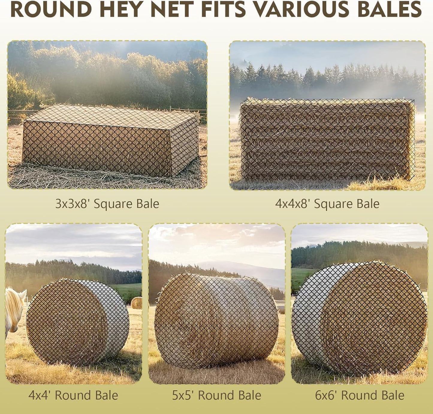ASRJKIE 6x6ft Round Bale Hay Net for Horses, Round Bale Feeder with Hay Net Repair Tool for Livestock, Slower Feed Hay Net for Farm Countryside, Cow, Goats