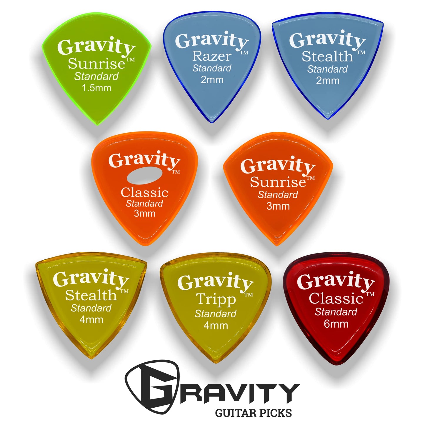 Gravity Acrylic Variety Pack Guitar Picks - Polished Bevels, Brighter, Louder Sound & Tighter Grip - Available in Different Packs - Made in the USA