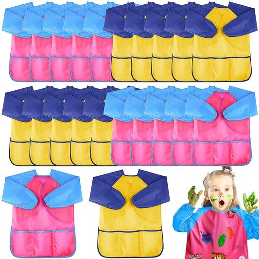 24 Pack Kids Art Smocks Waterproof,Toddler Painting Apron Long Sleeve,Kids Paint Smock with 3 Pockets for Age 2-7 (Colorful)