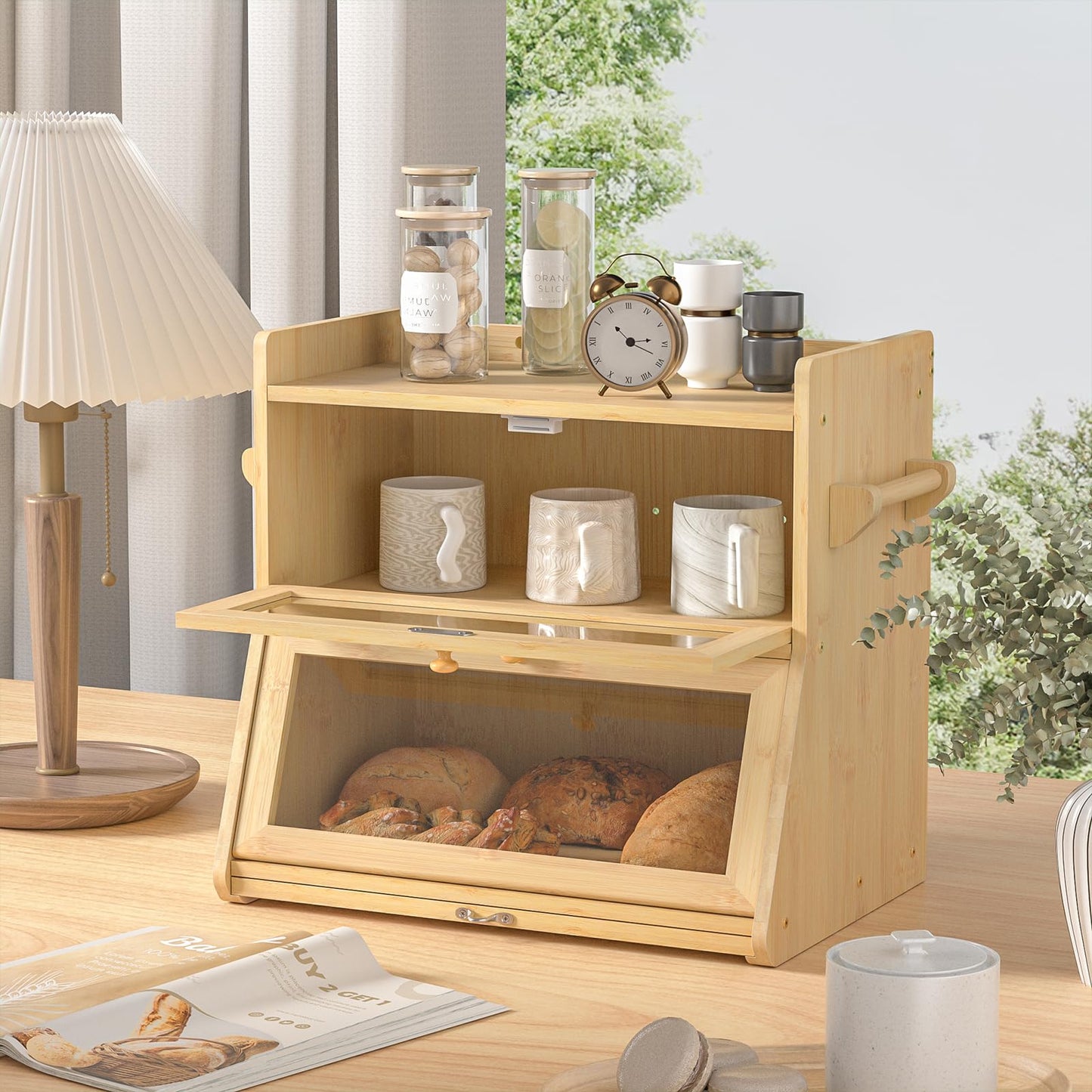 Giluta Double Layer Bread Box for Kitchen Counter, Large Bread Storage Container with Clear Acrylic Door, Bamboo Farmhouse Bread Organizer Countertop Breadbox